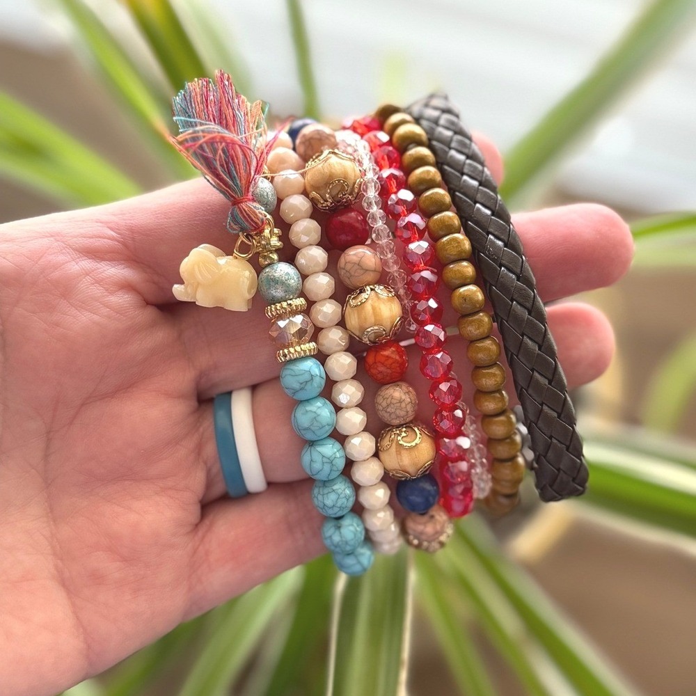 Boho Beaded Elephant Charm 6 Bracelet Stack Set Women Tassel Stretch Jewelry A3